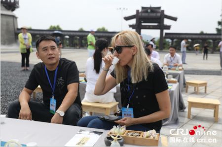外媒记者在禅都文化博览园露天广场观看茶艺，了解茶道 摄影 胡竹根