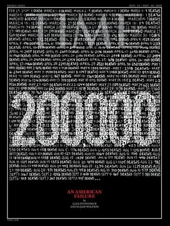 　　9月10日，美国《时代》周刊公布了最新一期的封面，黑色背景上密密麻麻地连续记录了美国从2月29日到9月8日的每日死亡病例数。图片截自美国《时代》周刊官网。