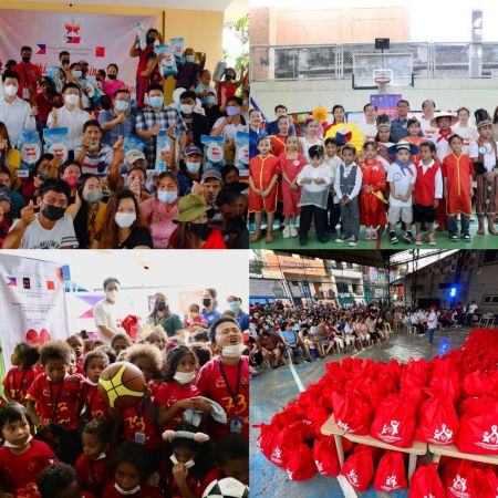 (左上)2022年10月27日，中國駐菲律濱大使黃溪連在北達沃省薩馬爾市麗茂社區出席“愛心大米”捐贈儀式並致辭。(右上)2022年10月28日，“愛的傳遞”之“分享中華文化和中菲友誼”活動向當地300個貧困兒童捐贈愛心物資。(左下)2022年11月30日，“愛的傳遞”之“原住民希望之光”向350個原住民家庭捐贈物資。(右下)2022年12月14日，柏雅塔斯“垃圾山”社區捐贈向當地700個貧困家庭捐贈生活物資。