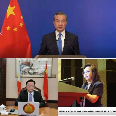 2022年，中國駐菲律濱使館和菲律濱中國瞭解協會(下稱“菲中了”)成功舉辦3屆中國—菲律濱馬尼拉論壇。(上圖)國務委員兼外交部長王毅在第五屆中國—菲律濱馬尼拉論壇上發表視頻致辭。(左下)中國駐菲大使黃溪連在第六屆論壇上致閉幕辭。(右下)菲前總統、菲中了名譽主席阿羅約出席第七屆論壇並致開幕辭。