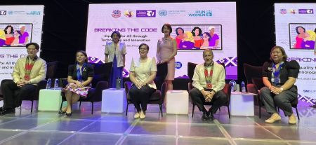 Ready to break the code. (From L-R) SM Supermalls President Steven T. Tan joins Philippine Commission on Women Executive Director Atty. Kristine Yuzon-Chaves, Philippine Vice President Sara Z. Duterte, UN Resident Coordinator Mr. Gustavo Gonzalez, and UN Women Country Programme Coordinator Ms. Lenlen Mesina during the International Women's Day event at the SM Aura Premier Samsung Hall. Joining them are NEDA Undersecretary Rosemarie Edillion and Congresswoman Geraldine Roman, Chairperson of the House Committee on Women and Gender Equality. The whole day event titled "Breaking the Code: Equality for All Through Technology and Innovation" puts the spotlight on bridging the digital gender gap and promoting equality for girls and women in digital education and technology sectors.