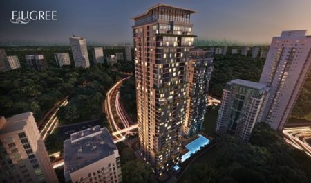 　　Artist’s perspective of 1001 Parkway Residences, located along Parkway Avenue, Filinvest City, Alabang—an iconic residential development poised to redefine the Metro South skyline with its tiered, biophilic design.