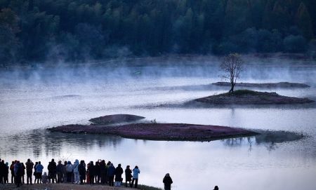 11月19日，游人在安徽省黄山市黟县奇墅湖畔观赏晨雾。初冬时节，蒸腾的雾气笼罩湖面，远山层林浸染雾霭，勾勒出一幅流动的水墨画卷。中新社记者 韩苏原 摄
