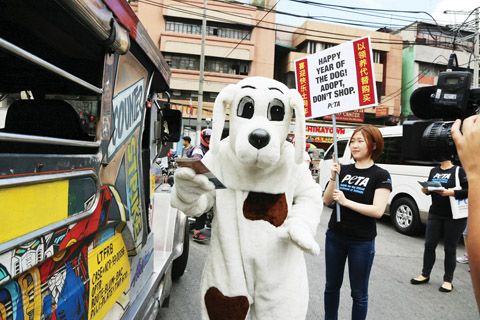 圖為一隻6呎高的狗吉祥物前天在岷里拉華人區分發傳單。動物權利組織「人道主義對待動物」（PETA）讓狗吉祥物在華人區發佈信息給菲律賓人收養路邊的流浪狗，而不是從寵物店購買。（新華社）