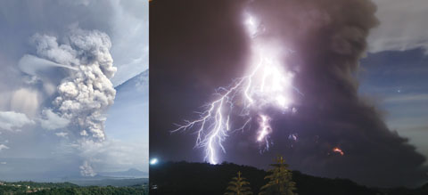 圖左為沓亞火山昨天噴出火山灰，右為閃電伴隨著沓亞火山噴出的火山灰，在天空中呈現出壯觀景象。