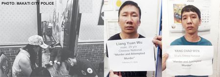 左圖為在馬加智餐館中遭劫殺的中國男子躺在血泊中。右圖為兩名被捕嫌犯。