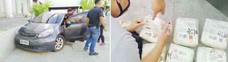 左圖為警方人員檢查被擊斃後的毒嫌。右圖為寫有中文字的毒品袋。