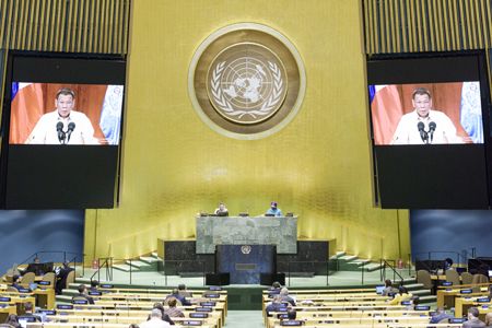 杜特地總統22日通過網絡視頻出席聯合國大會並發表演講。（法新社）