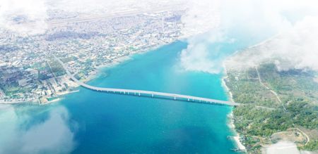 圖為畫家筆下的納卯——三描島大橋。（中國駐菲大使館供圖）