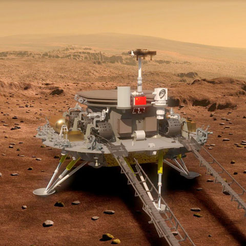 紅色火星上首次有了中國印跡！科研團隊根據祝融號火星車發回遙測信號確認，5月15日7時18分，天問一號著陸巡視器成功著陸于火星烏托邦平原南部預選著陸區，中國首次火星探測任務著陸火星成功。