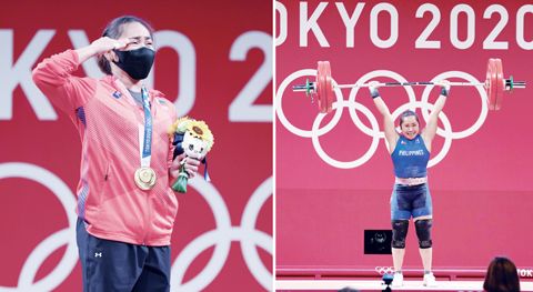 左圖為7月26日迪亞士參加頒獎典禮時，面對國旗行軍禮。左圖為迪亞士在比賽中。當日，東京奧運會舉重女子55公斤級比賽在東京國際論壇大廈舉行。菲選手迪亞士獲得冠軍。（新華社、中新社）