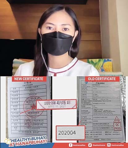 上圖為Pharmally高管克莉雪·馬戈向參議院藍帶委員會承認，該公司出售不合格面罩給政府。下圖為2020年的面罩證書被換成2021年的新證書。（參議院聽證會視頻截圖）