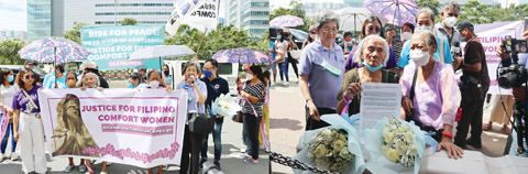 左圖為菲律濱「慰安婦」幸存者和社會活動家洪玉華等人,昨日在日本駐菲大使館門前示威,抗議日本政府提交給聯合國人權理事會的最新報告中,隻字不提二戰期間強徵「慰安婦」的暴行。右圖為年過九旬的「慰安婦」幸存者向媒體出示她們對日本政府的控訴。(本報記者Celia