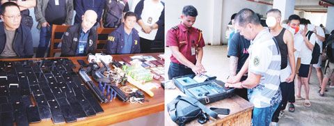12月6日，納卯地區國調局官員展示了在北納卯巴那莫市逮捕的59名中國和馬來西亞公民的證據。國調局從菲律濱離岸博彩公司員工那裡沒收的物品包括60台電腦、手機和兩把獵槍。（菲新社）