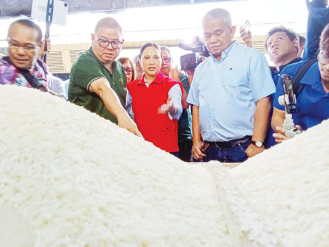 圖為農業部長劉禮(左)和工商部長羅計昨日前往計順市墨菲公共菜市場查看米價和其他日用品價格。