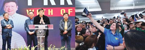 左圖為前總統杜特地昨日出席在香港灣仔修頓場館舉辦的，由香港菲勞工組織的感恩聚會。右圖為副總統莎拉·杜特地主任在香港跟支持者合影。