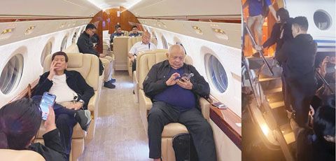 左圖為前總統羅德里戈·杜特地與前文官長薩爾瓦多·梅迪亞地亞坐在前往荷蘭海牙的私人飛機上。右圖為杜特地被拍到登上飛往荷蘭的包機。