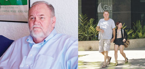 左圖為英國哈里王子的妻子梅根現年80歲的父親托馬斯·馬克爾搬到了宿務島。右圖為梅根的長兄托馬斯二世與一名年輕菲律濱女子手牽手出門。（英國鏡報圖片）