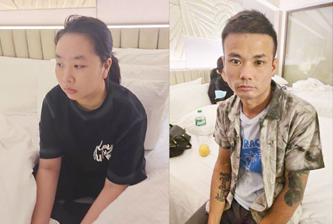 圖為涉嫌僑領郭從願和司機綁殺案的中國籍女嫌犯龔雯莉（左）和一名男子吳佳平（右）上週六在長灘島一座度假村酒店的客房內落網。