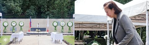 圖為外交部亞太事務助理部長王尹仁代表小馬科斯總統,向二戰時期在菲陣亡的日本兵鬼魂獻花。(菲律濱國家歷史委員會臉書)