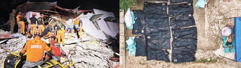 左圖為救援人員於10月1日（週三）在博戈市瓦礫堆中搜尋生還者。右圖為一名男子在宿務省立醫院外，於地震罹難者遺體旁休息。（美聯社）