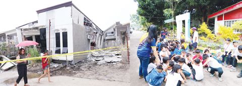 左圖為南島外海10日上午發生規模7.4級地震，圖為東納卯省一處建築物受損。南古島省坦帕坎的學生們在感受到東納卯省馬奈附近海域週五上午發生的規模7.4地震後，紛紛撤離教室。（美聯社/菲新社）