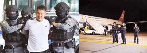 左圖為泰國警方將佘智江押送至曼谷素萬那普機場,並於下午4時20押送上飛機,引渡回中國。右圖為佘智江押抵中國南京市。(路透社/中國公安部供圖)