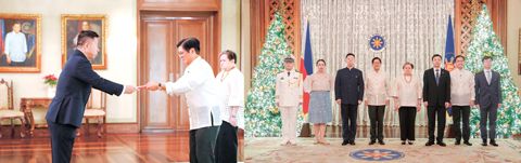 12月11日，中國駐菲大使井泉在總統府向馬科斯總統遞交國書。馬科斯總統歡迎井大使履新，並就中菲關係與井大使交換意見。（總統府供圖）
