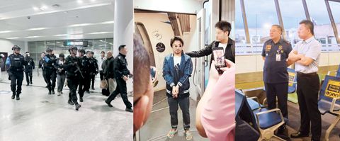 圖為涉綁架殺人的施純芳昨日被押上飛機遣送回中國。圖為中國駐菲大使井泉和菲國警航空安全管理局代理局長巴托洛梅准將監督將施純芳押解上飛機，遣返回國。