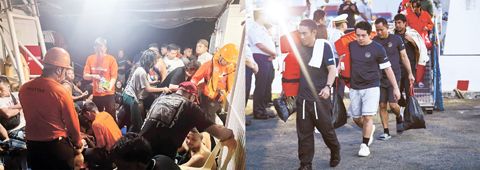 菲海岸警衛隊26日上午表示，當日在南部描絲蘭省附近海域沉沒的渡輪「沒有超載」。目前已救起317人，仍有24人失蹤，搜尋到18具遺體。搜救工作仍在緊張進行中。左圖為幸存者被救到船上。右圖為幸存者抵達菲律濱馬尼拉的一處港口。（網上圖片/新華社）