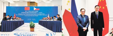第24次菲中外交磋商、菲中南海問題雙邊磋商機制第十一次會議28日在福建泉州舉行。左圖為兩國官員會談。右圖為中國外交部副部長孫衛東與菲律濱副外長、東盟事務高官艾雷拉-林合影。