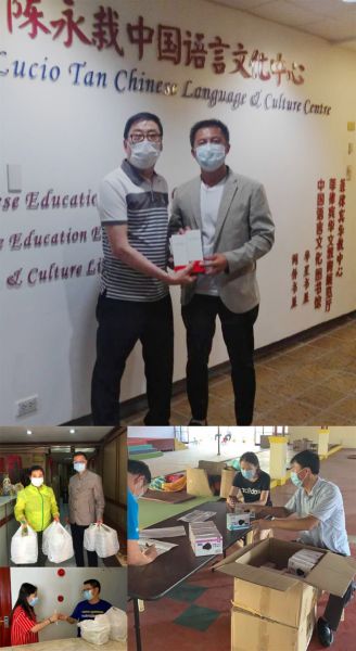上圖為陳宏峰捐贈額溫槍；下圖為外派教師正在處理陳宏峰捐贈的“可替換式防護口罩”和“愛心熱餐”。