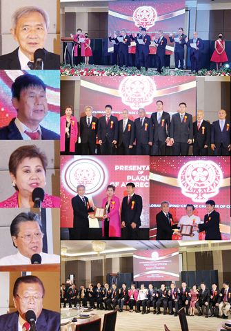 小圖左起獨魯萬市菲華商會新屆理事長楊振偉發表就職演說、獨魯萬市菲華商會執行副理事長吳志鵬致歡迎詞、本會執行副理事長黃美麗訓誨嘉勉、本會副理事長施東方博士致賀詞、本會福利共同主任洪文檀在大會上宣佈本會執行副理事長黃美麗、副理事長林榮輝、施東方博士和獨魯萬市菲華商會執行副理事長吳志鵬,將分別向當地捐獻農村校舍各一座。
