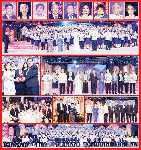 圖片說明:上排小圖左至右依次為王悅參贊、拉古娜市長、葉啟明、林瑩鏡、陳建衛、李錦思、陳璫璫、施純永和何琪穎。第二排為新屆執行委員宣誓就職儀式之影。第三排左圖為陳建衛(右)在林瑩鏡(中)的見證下,移交印信予李錦思(左)。第三排為左圖和中圖為出席典禮的部分貴賓,右圖為捐獻南富美新校區、泉笙紀念館建校建樓資金之儀式。下排為新屆執行委員與嘉賓合影留念。