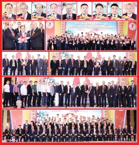圖片說明:上排小圖左至右依次為盧祖蔭、詹雄紘、李雲雄、吳光級、李正中、傅森源、李榮坤、張宗颷和佘日捷。第二排左圖為移交印信儀式,右圖為全體新屆職員宣誓就職。第三排左圖為致謝詹雄紘的儀式,右圖為致謝盧祖蔭的儀式。第四排為捐獻永寧鎮聯鄉總會的儀式。下排為全體新屆職員與嘉賓合影留念。