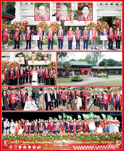 圖片說明：小圖左至右依次為黃溪連、許學禹和蔡臻蔚。上排大圖為剪綵儀式。第二排左圖為亮燈儀式。第三排為菲華僑領在活動上感受中華文化。下排為主辦方代表及支持活動的僑領們與表演者的合影。（本報記者Celia