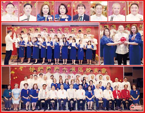 圖片說明：洪玉山、黃德仁、施珊珊、王麗珊、吳良煌、洪國程、陳長江、司儀周保賓。第二排左圖為全體新屆職員的宣誓就職儀式；右圖為洪玉山見證施珊珊移交印信予王麗珊的儀式。下排全體新屆職員與領導嘉賓的合影。（本報記者Celia