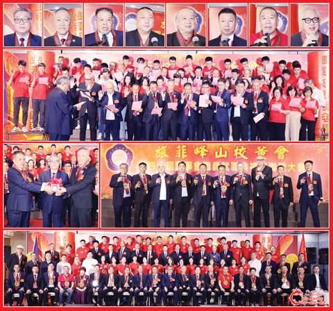 圖片說明:上排小圖左至右依次為王明仁、王明星、王建國、王清潔、王人東、毛火強、王明品、王經國和司儀李雨。第二排大圖為新屆職員的宣誓就職儀式。第三排左圖為印信移交儀式;右圖為敬酒儀式。下排為全體新屆職員與嘉賓的合影。(本報記者Celia