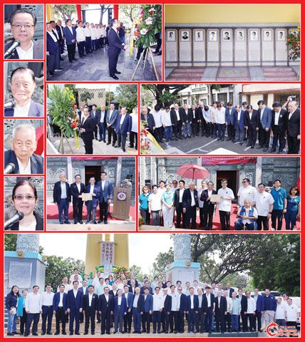 圖片說明:左排小圖上至下依次為黃溪連、盧祖蔭、呂水涯和司儀黃解放。上排中圖和第二排為獻花鞠躬儀式。第三排中圖和右圖分別為黃溪連大使向華僑善舉總會及菲律濱華支後裔聯誼會捐款的儀式。下排為黃溪連大使與僑領在故楊光泩總領事暨殉職館員紀念碑前的合影。(本報記者Celia