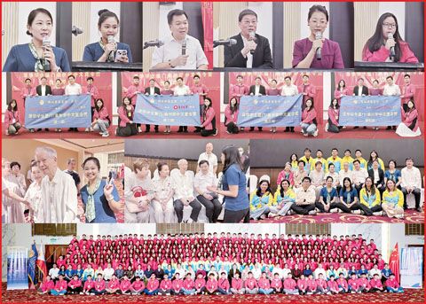 (圖片說明)第一排左起:馮斌斌、陳安琪、林偉立、黃端銘、施偉健、吳宛瑩,第二排左起:第一團授旗儀式、第二團授旗儀式、第三團授旗儀式、第四團授旗儀式,第三排:陳永栽邱秀敏伉儷接見華語師資“造血計畫”老師,第四排:陳永栽邱秀敏伉儷和全體與會人員合影留念。
