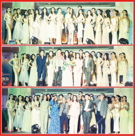 圖片說明：上圖為入圍2025年菲中先生和菲中小姐大賽的型男與佳麗正式與傳媒見面。中圖為候選型男青辰宇（前排左三）