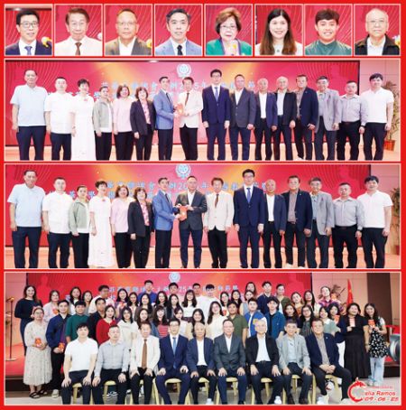 圖片說明：上排小圖左至右依次為王悅、林榮輝、洪健雄、葉啟明、許麗容、郭巧棉、梁毅文和施純永。第二和第三排為捐獻「華社尊師重道獎勵金」的儀式。下排為獲頒獎金的1+2+1在職教師與商總領導及嘉賓的合影。（本報記者Celia