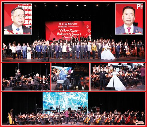圖片說明:左上小圖為黃溪連大使,右上小圖為趙啟平。大圖為黃溪連大使、趙啟平和參與演出的馬尼拉交響樂團及重慶演藝集團的藝術家們合影。餘圖為藝術家們在響音樂會上的傾情演奏和演唱。(本報記者Celia