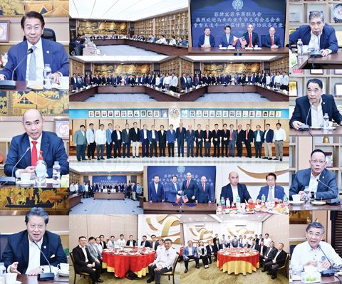 小圖左起本會林榮輝理事長致歡迎詞、馬來西亞中總會長拿督吳逸平致詞、本會名譽理事長施東方博士、莊前進、副理事長陳章成、洪健雄分別發表講話、本會秘書長顏長江博士介紹商總出席領導。