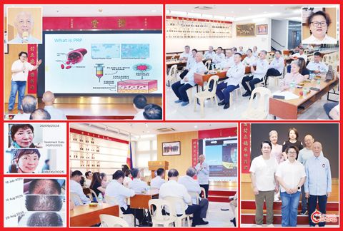 圖片說明：左上小圖為高銘森，右上小圖為翁靜雪醫生。上排大圖為翁靜雪醫生在為與會者講解幹細胞。下排中圖為高銘森致辭的情景；右圖為翁靜雪醫生、高銘森和來賓的合影。（本報記者Celia