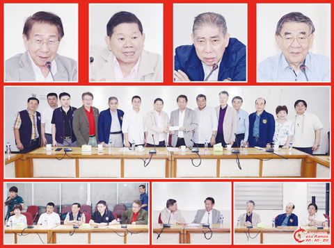 圖片說明:上排小圖左至右依次為林榮輝、龔書芳、莊前進和顏長江。中排大圖為龔書芳(左七)向林榮輝(右七)移交善款,並由龔詩貯基金會和商總領導見證儀式。下排為龔詩貯基金會和商總共同探討將來的合作計劃。(本報記者Celia