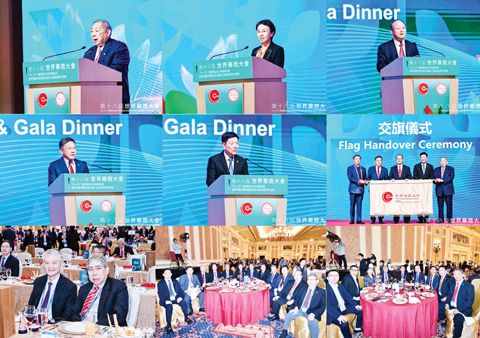 小圖左起澳門中華總商會會長致閉幕詞、中國僑聯副主席程紅、中國貿促會會長陳建安、世界華商大會召集人組織、新加坡中華總商會會長高泉慶先後致詞、世界華商大會召集人組織、泰國中華總商會主席林楚欽發表重要公告。