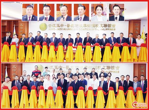 圖片說明:小圖左至右依次為張青雲、張文遠、洪媽願、王志欽、呂迎迎和林堅固。上大圖為晉江五中.晉興職校菲律濱校友聯誼會的新會所落成啟用剪綵儀式。下圖為晉江五.晉興職校菲律濱校友聯誼會領導與嘉賓在新會所的名牌前合影留念。(本報記者Celia