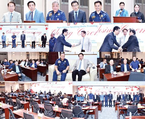 圖左起本會理事長林榮輝致歡迎詞、中正學院葉啟明校長、PNP-AKG隊長Cansilao准將和王悅參贊兼總領事分別緻詞、優秀學員代表致謝詞、大會司儀。