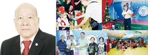 （圖片說明）左圖：許培錫永遠榮譽理事長；右圖上（左起）：林志禮理事長代表校友會向幼稚園小朋友贈送聖誕禮物、林志禮理事長發表講話，右圖下（左起）：蔡漢川、施志雄、蔡淑華、洪麗磬代表洪門近南幼稚園接收校友會捐款、聖誕同樂會現場。